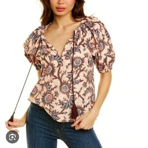 A.L.C. Elly Printed Keyhole Paisley Cream and Brown Floral Blouse